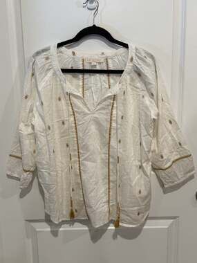Lovestitch 100% Cotton Boho Embroidered Blouse Shirt Sz M Tassels Geometric